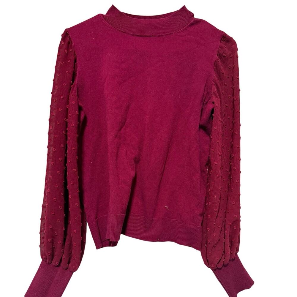CeCe Burgundy Swiss Dot Puff Sleeve Mock Neck Sweater Small